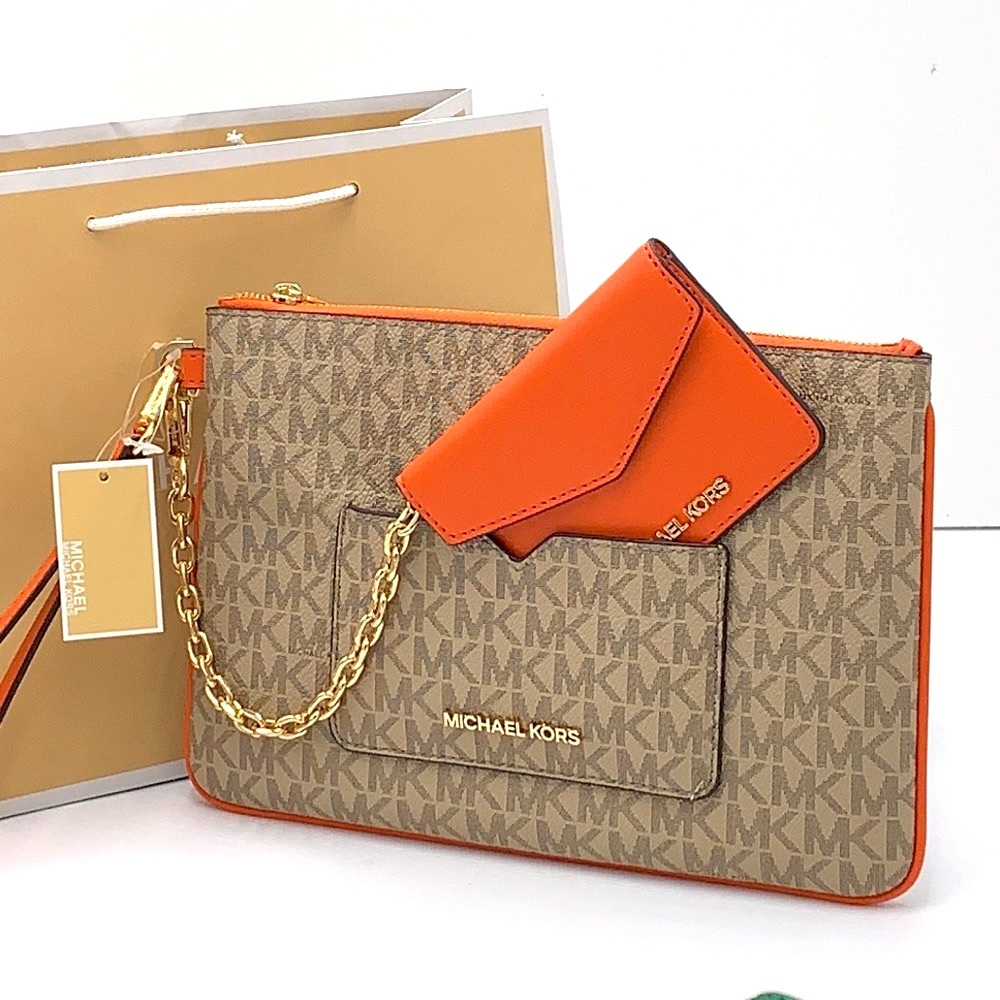 Michael Kors Jet Set LG 2 in 1 card case wristlet Wallet POPPY BROWN SIGNATURE